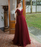 Burgundy tulle long prom dress simple evening gown HZ1023