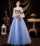 Blue tulle applique long prom dress blue evening dress HZ1023