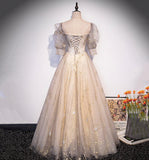 Champagne tulle sequins long prom dress evening gown HZ1023