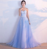 Blue tulle lace long prom dress blue evening gown HZ1023