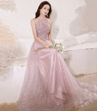 Pink tulle beads long prom dress A line evening gown HZ1023