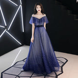 Blue tulle sequins long prom dress HZ1023