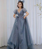 Blue v neck tulle long A line prom dress evening dress HZ1023