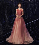 Shiny tulle sequins long prom dress A line evening dress HZ1023