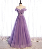 Purple tulle beads long A line prom dress evening dress HZ1023