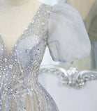 Gray tulle beads long prom dress A line evening gown HZ1023