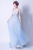 Blue tulle lace long A line prom dress blue evening dress HZ1023