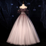 Brown Delicate Floral Applique Fashion A-Line Long Tulle Ball Gown Evening Dress HZ1023