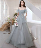 Gray tulle sequins long prom dress A line evening dress HZ1023