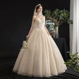Champagne tulle sequins long ball gown dress HZ1023