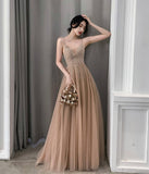 A line v neck tulle long prom dress evening dress HZ1023