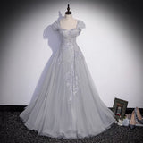 Gray tulle lace long prom dress A line evenig gown HZ1023