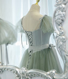 Green satin tulle long prom dress A line evening dress HZ1023