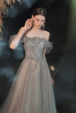 Shiny tulle long prom dress A line evening dress HZ1023