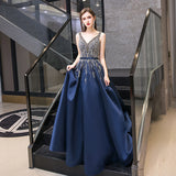 High quality v neck beads long prom dress blue evening dress HZ1023