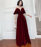 Burgundy velvet long prom dress A line evening dress HZ1023