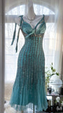 Green Luxury Gorgeous Retro Fashion Exquisite Tassel Beaded Mid-Length Chiffon Ball Gown Birthday Party Dress Evening Dress Prom Dress HZ1023