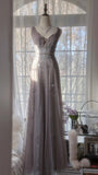 Gray Purple Romantic Fashion Elegant Exquisite Lace Floral Applique Long Tulle Fairy Ball Gown Evening Dress Birthday/Wedding Guest/Holiday Party Dress Prom Dress Valentine's Day Date Dress Bridesmaid Dress HZ1023