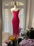 Pink Fashion Elegant Exquisite Beaded Spaghetti Strap Midi/Short Mermaid Slim Chiffon Ball Gown Evening Dress Birthday Party Dress Prom Dress Wedding Dress HZ1023