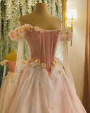 Pink Gorgeous Exquisite Floral Long Elegant Fairy Off-shoulder Tulle Ball Gown Evening Dress HZ1023