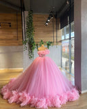 Pink Gorgeous One Shoulder Rhinestone Corset Ruffle Fluffy Tulle Long Ball Gown Evening Dress Wedding Dress HZ1023