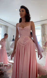 Pink retro elegant sweetheart neckline A-line spaghetti strap satin long evening dress birthday party dress bridesmaid dress HZ1023