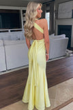 Yellow Fashion Elegant V-neck Long Mermaid Satin Slim-fit Fishtail Ball Gown Evening Dress HZ1023
