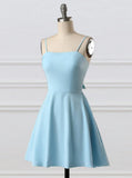 Blue fashion simple bow sleeveless short spaghetti strap A-line short satin mini homecoming dress evening gown HZ1023