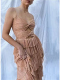 Nude elegant spaghetti strap long tulle tiered ball gown formal evening dress party dress HZ1023