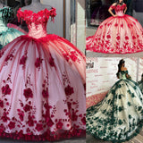 Red gorgeous exquisite sweet floral applique long tulle ball gown evening gown wedding dress HZ1023