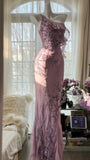 Pink Purple Romantic One Shoulder Fashion Elegant Exquisite Floral Beading Long Chiffon Ball Gown Evening Dress Birthday Holiday Party Dress Prom Dress HZ1023