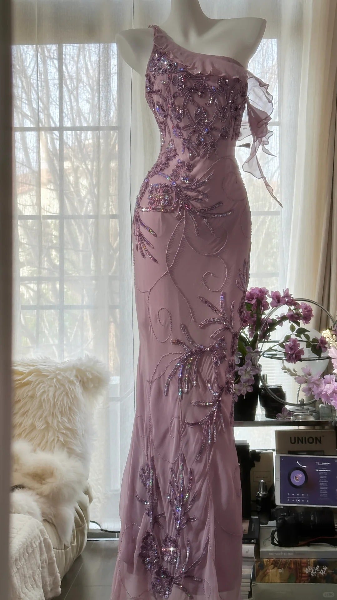 Pink Purple Romantic One Shoulder Fashion Elegant Exquisite Floral Beading Long Chiffon Ball Gown Evening Dress Birthday Holiday Party Dress Prom Dress HZ1023