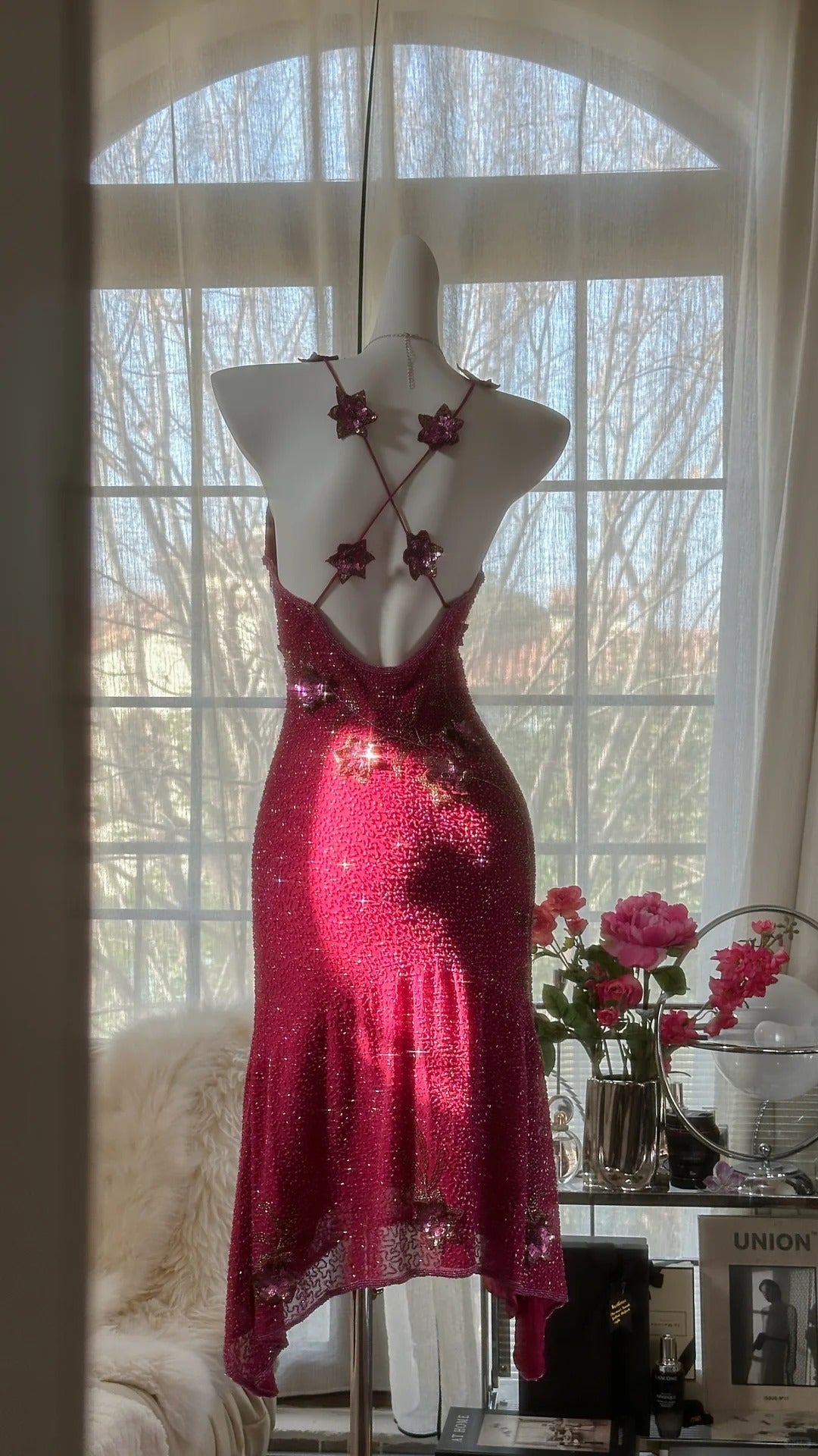 Pink Gorgeous Elegant Romantic Exquisite Beaded Sequin Midi/Short Chiffon Ball Gown Evening Dress Birthday/Wedding Guest Party Dress Prom Dress HZ1023