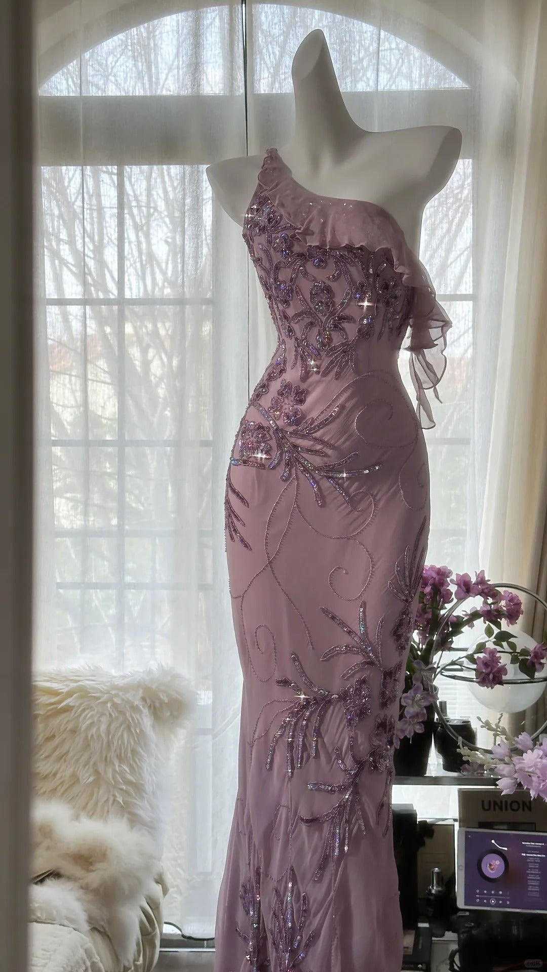 Pink Purple Romantic One Shoulder Fashion Elegant Exquisite Floral Beading Long Chiffon Ball Gown Evening Dress Birthday Holiday Party Dress Prom Dress HZ1023