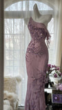 Pink Purple Romantic One Shoulder Fashion Elegant Exquisite Floral Beading Long Chiffon Ball Gown Evening Dress Birthday Holiday Party Dress Prom Dress HZ1023