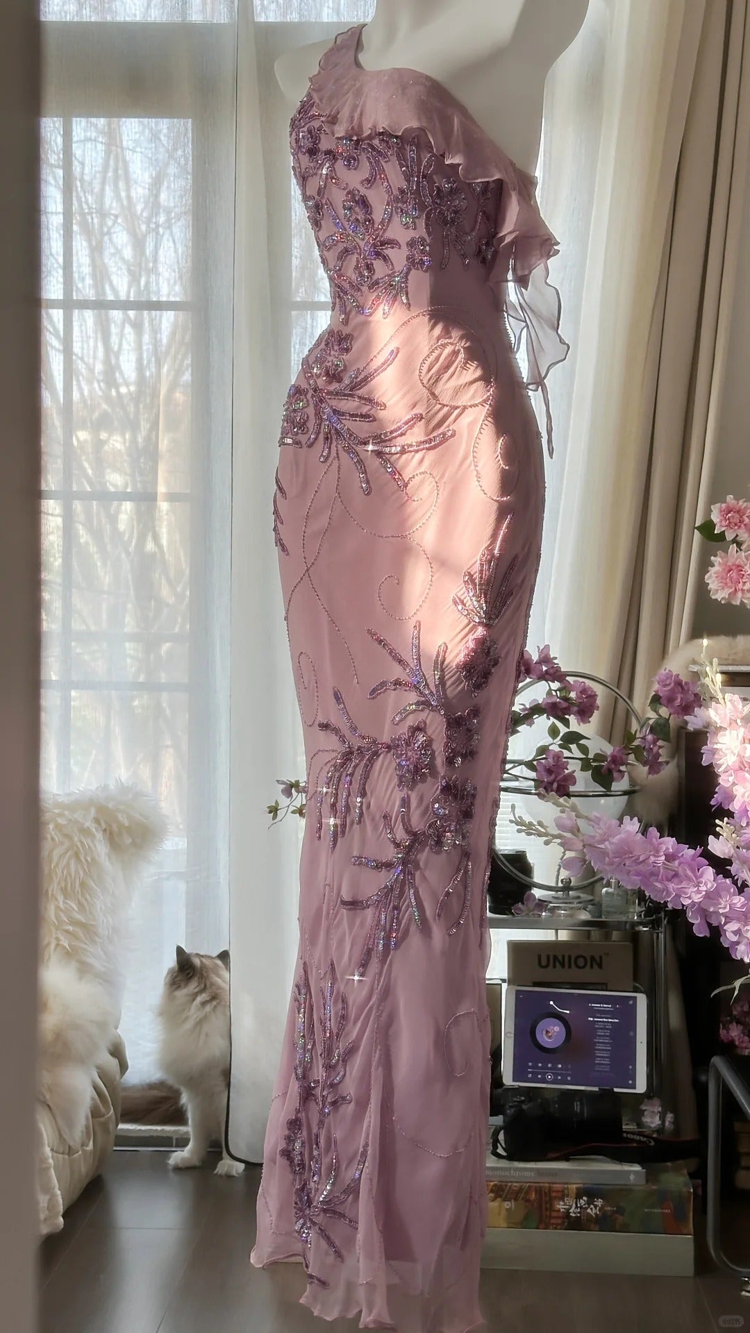 Pink Purple Romantic One Shoulder Fashion Elegant Exquisite Floral Beading Long Chiffon Ball Gown Evening Dress Birthday Holiday Party Dress Prom Dress HZ1023