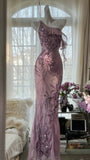 Pink Purple Romantic One Shoulder Fashion Elegant Exquisite Floral Beading Long Chiffon Ball Gown Evening Dress Birthday Holiday Party Dress Prom Dress HZ1023