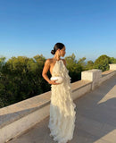 White Elegant Strap Ruffled Long Chiffon Prom Evening Dress Wedding Guest Dress HZ1023