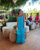Blue Fashion Elegant Off Shoulder A-line Tiered Long Chiffon Ball Gown Evening Dress Wedding Guest Dress Party Dress HZ1023