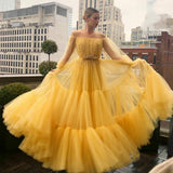 Yellow pretty fairy elegant exquisite beading A-line long sleeve long tulle ball gown evening dress HZ1023