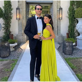 Yellow green fashion simple elegant tube top off shoulder long chiffon ball gown party dress evening dress with scarf Prom Dress HZ1023