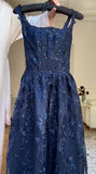 Navy Blue Vintage Fashion Elegant Strapless A-Line Delicate Lace Long Tulle Ball Gown Evening Dress HZ1023