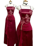 Red Vintage Elegant Delicate Floral Sequin Beading Spaghetti Straps Floor Length Formal Satin Lace Ball Gown Evening Dress Birthday Party Dress Prom Dress HZ1023