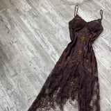 Brown Vintage Elegant Exquisite Floral Beading Spaghetti Strap Long Satin Lace Ball Gown Evening Dress Birthday Party Dress Prom Dress HZ1023