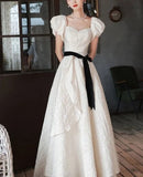 White Elegant Fashion Elegant Textured Long Satin short sleeves Floor-Length Prom Dress Evening Dress Princess Graduation Dress Adult Ceremony Dress HZ1023