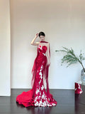 Red Elegant Delicate Floral Fashion Elegant Long Satin Tulle Mermaid Slim Fit Floor Length Trailing Ball Gown Evening Gown Prom Gown HZ1023