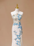 White Luxury Gorgeous Shiny Unique Fashion Elegant Exquisite Floral Bamboo Beads Sequins Suspender Long Ball Dress Evening Dress Bridal Wedding Reception Dress Prom Dress HZ1023