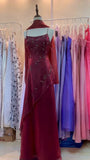 Burgundy Vintage Beaded Long Ball Gown Evening Dress Floor Length Party Dress with Scarf HZ1023