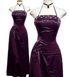 Purple Fashion Elegant Vintage Backless Exquisite Beaded Halter Prom Party Dress Long Satin Formal Evening Dress Ball Gown HZ1023