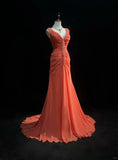 Orange Gorgeous Retro Fashion V-Neck Elegant Exquisite Pearl Beads Long Tulle Chiffon Floor-Length Trailing Ball Gown Evening Dress Prom Dress HZ1023